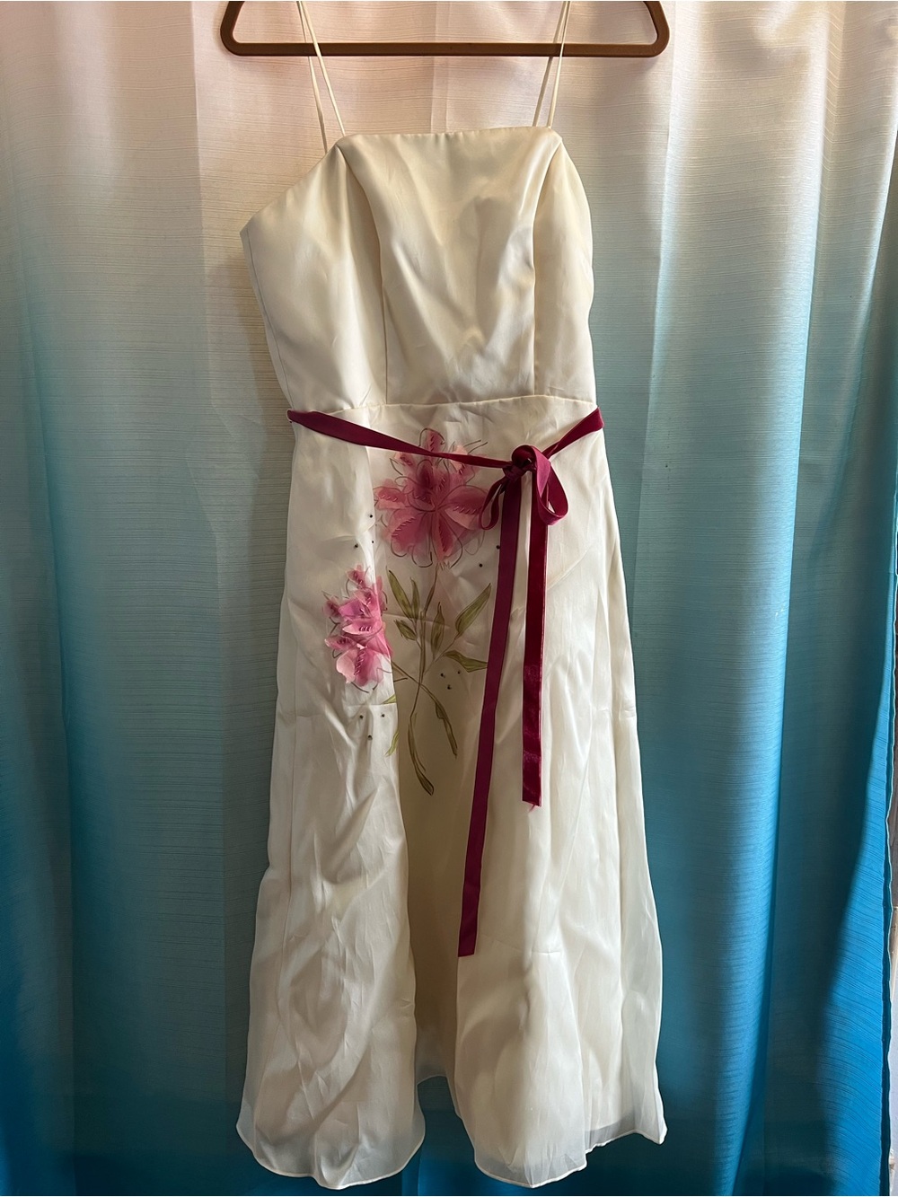 Ivory Floral Midi Dress with Berry Sash